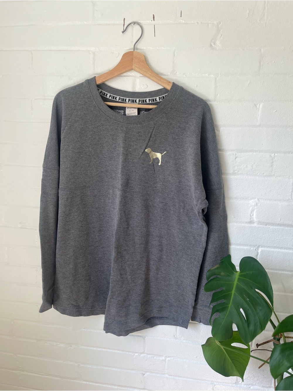 PINK Victoria's Secret Grey Crewneck Sweatshirt with Gold Dog Logo